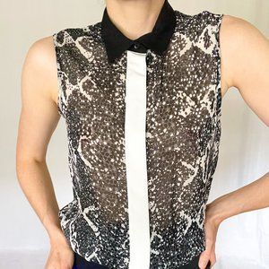 H&M White & Black Snakeskin Sheer Button Down Collar Blouse Tank
